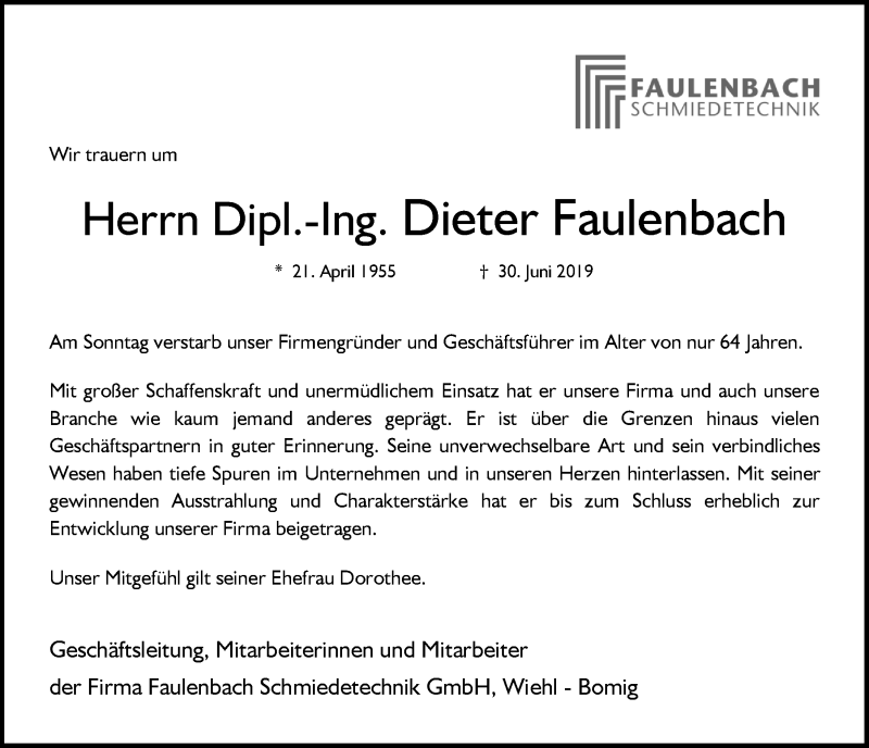  Traueranzeige für Dieter Faulenbach vom 10.07.2019 aus  Anzeigen Echo 