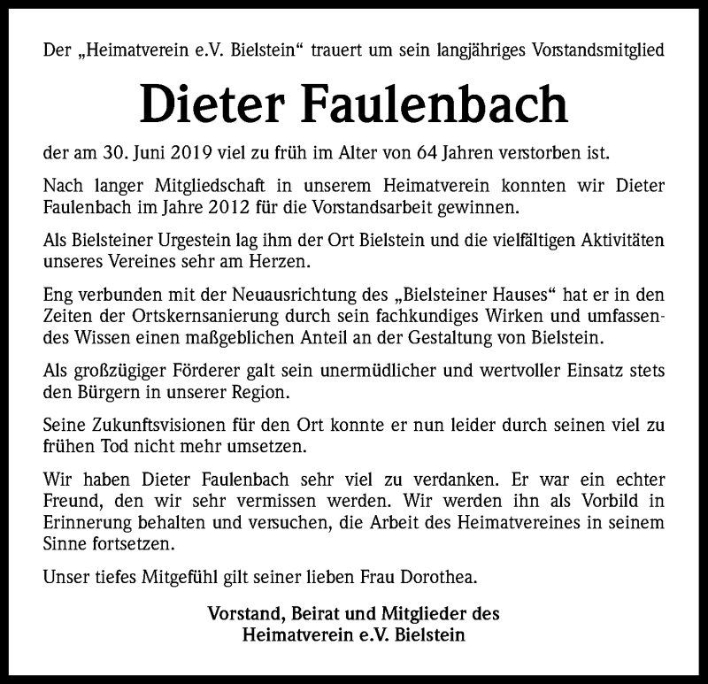  Traueranzeige für Dieter Faulenbach vom 05.07.2019 aus Kölner Stadt-Anzeiger / Kölnische Rundschau / Express