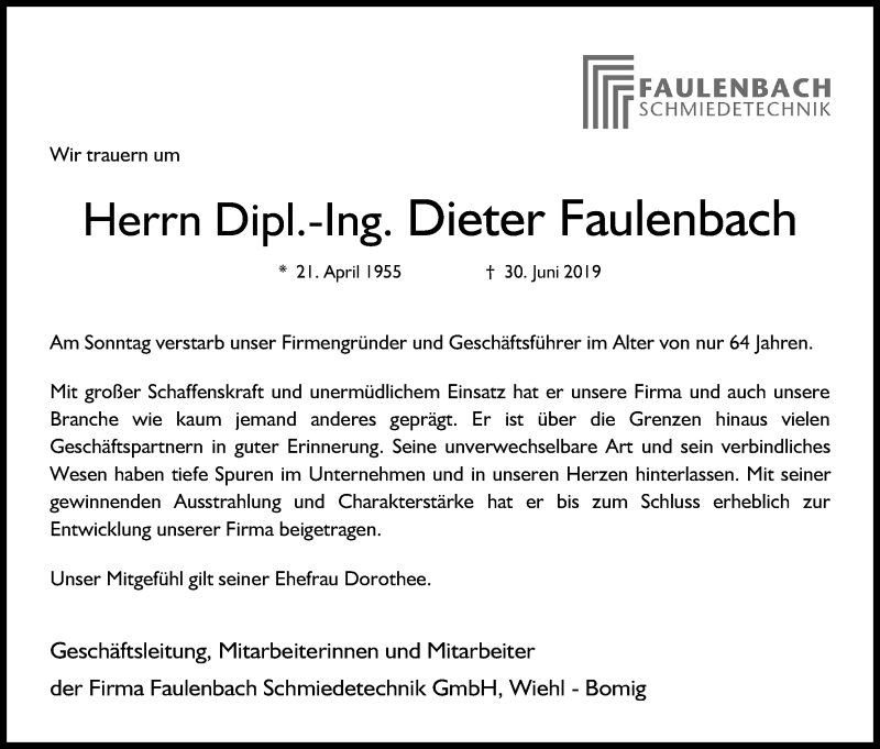  Traueranzeige für Dieter Faulenbach vom 05.07.2019 aus Kölner Stadt-Anzeiger / Kölnische Rundschau / Express