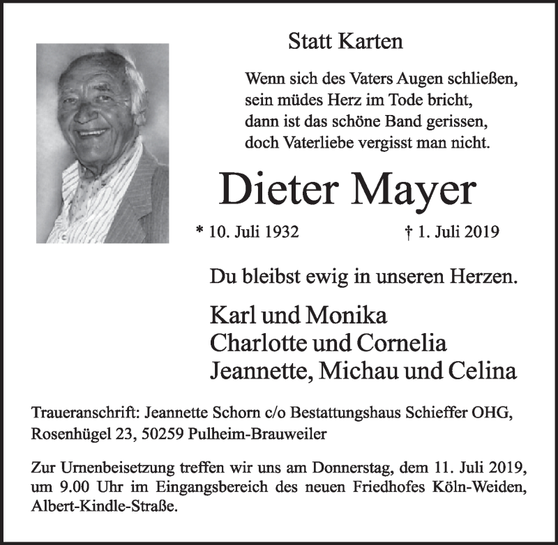  Traueranzeige für Dieter Mayer vom 10.07.2019 aus  Kölner Wochenspiegel 