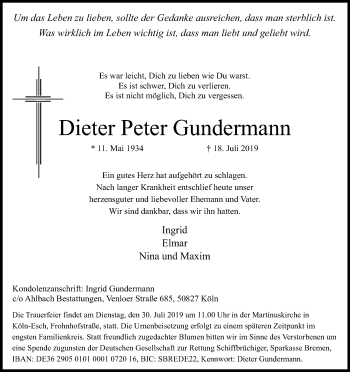Anzeige von Dieter Peter Gundermann von Kölner Stadt-Anzeiger / Kölnische Rundschau / Express
