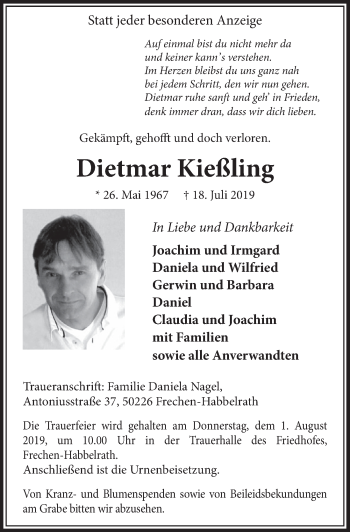 Anzeige von Dietmar Kießling von  Sonntags-Post 
