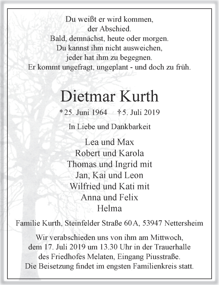  Traueranzeige für Dietmar Kurth vom 13.07.2019 aus  Blickpunkt Euskirchen 