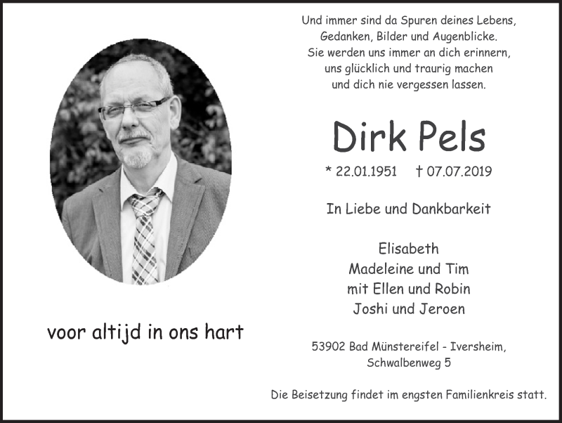  Traueranzeige für Dirk Pels vom 13.07.2019 aus  Blickpunkt Euskirchen 