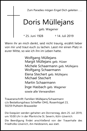Anzeige von Doris Müllejans von Kölner Stadt-Anzeiger / Kölnische Rundschau / Express