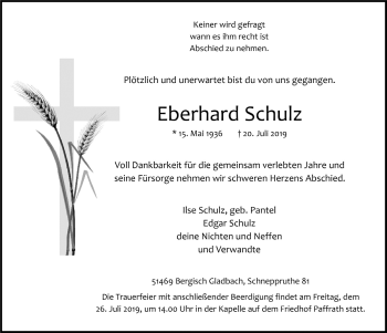 Anzeige von Eberhard Schulz von  Bergisches Handelsblatt 