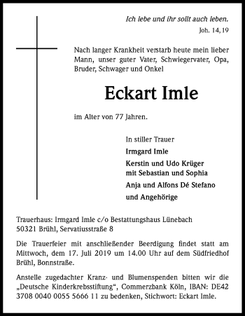 Anzeige von Eckart Imle von Kölner Stadt-Anzeiger / Kölnische Rundschau / Express