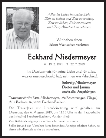 Anzeige von Eckhard Niedermeyer von  Wochenende 