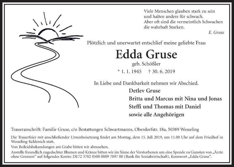  Traueranzeige für Edda Gruse vom 10.07.2019 aus  Schlossbote/Werbekurier 