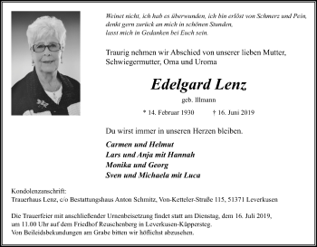 Anzeige von Edelgard Lenz von Kölner Stadt-Anzeiger / Kölnische Rundschau / Express