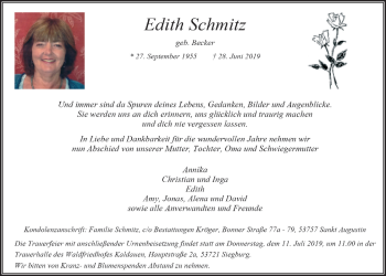 Anzeige von Edith Schmitz von  Rhein-Sieg-Wochenende 