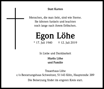 Anzeige von Egon Löhe von Kölner Stadt-Anzeiger / Kölnische Rundschau / Express