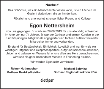 Anzeige von Egon Nettersheim von  Blickpunkt Euskirchen 