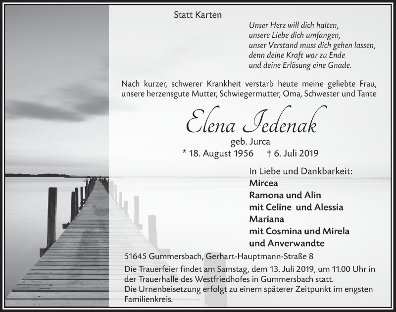  Traueranzeige für Elena Iedenak vom 10.07.2019 aus  Anzeigen Echo 