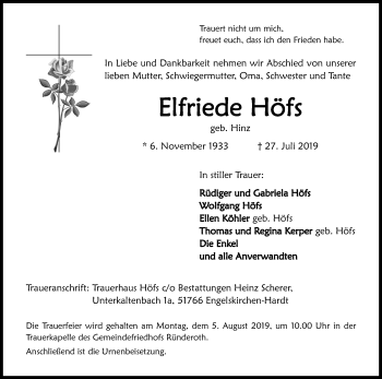 Anzeige von Elfriede Höfs von Kölner Stadt-Anzeiger / Kölnische Rundschau / Express