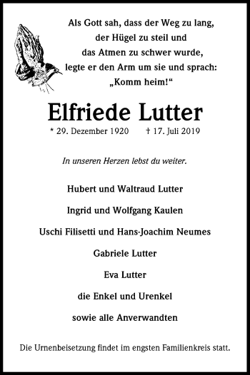 Anzeige von Elfriede Lutter von Kölner Stadt-Anzeiger / Kölnische Rundschau / Express