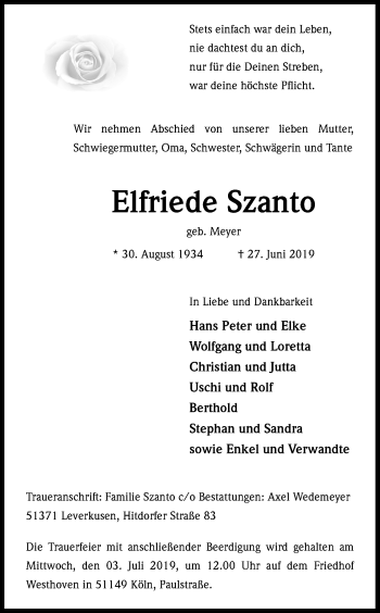 Anzeige von Elfriede Szanto von Kölner Stadt-Anzeiger / Kölnische Rundschau / Express