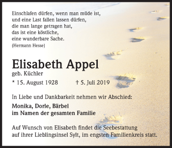 Anzeige von Elisabeth Appel von Kölner Stadt-Anzeiger / Kölnische Rundschau / Express