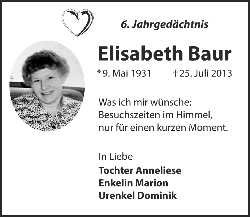  Traueranzeige für Elisabeth Baur vom 31.07.2019 aus  Kölner Wochenspiegel 