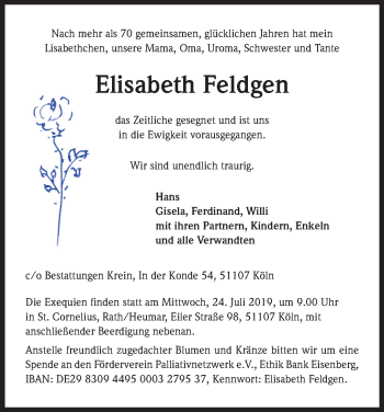 Anzeige von Elisabeth Feldgen von Kölner Stadt-Anzeiger / Kölnische Rundschau / Express