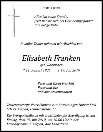 Anzeige von Elisabeth Franken von Kölner Stadt-Anzeiger / Kölnische Rundschau / Express