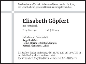 Anzeige von Elisabeth Göpfert von Kölner Stadt-Anzeiger / Kölnische Rundschau / Express