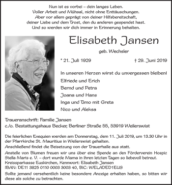 Anzeige von Elisabeth Jansen von  Blickpunkt Euskirchen 