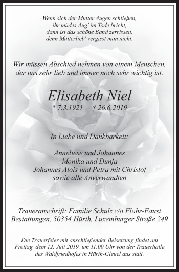 Anzeige von Elisabeth Niel von  Wochenende 