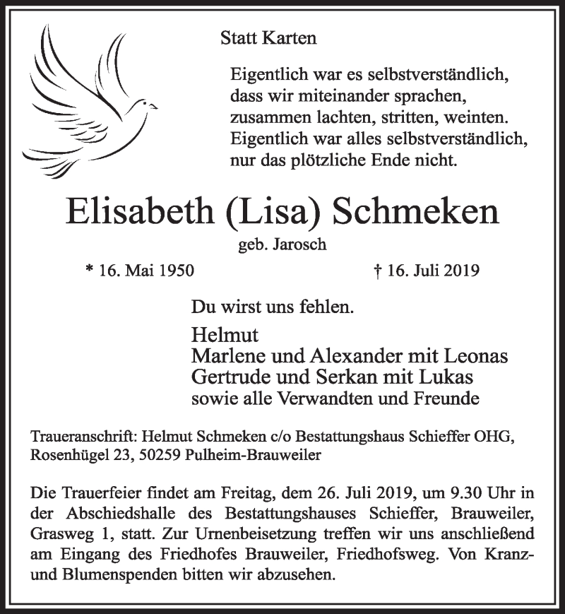  Traueranzeige für Elisabeth Schmeken vom 20.07.2019 aus  Sonntags-Post 