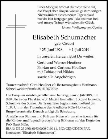 Anzeige von Elisabeth Schumacher von Kölner Stadt-Anzeiger / Kölnische Rundschau / Express