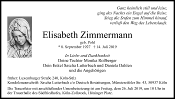 Anzeige von Elisabeth Zimmermann von Kölner Stadt-Anzeiger / Kölnische Rundschau / Express