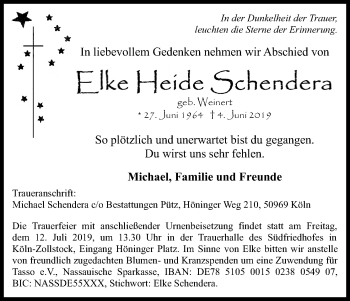 Anzeige von Elke Heide Schendera von Kölner Stadt-Anzeiger / Kölnische Rundschau / Express