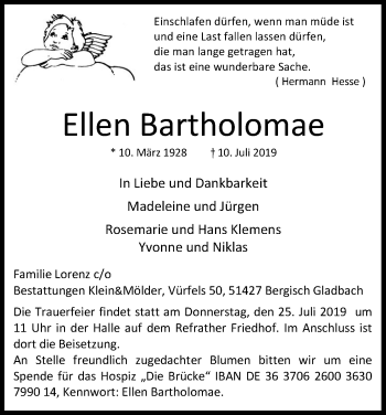 Anzeige von Ellen Bartholomae von Kölner Stadt-Anzeiger / Kölnische Rundschau / Express