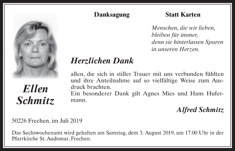  Traueranzeige für Ellen Schmitz vom 24.07.2019 aus  Wochenende 