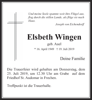 Anzeige von Elsbeth Wingen von  Wochenende 