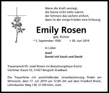 Anzeige von Emily Rosen von Kölner Stadt-Anzeiger / Kölnische Rundschau / Express