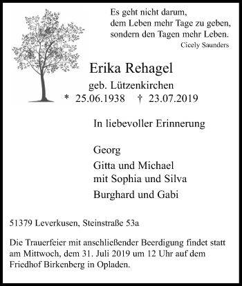 Anzeige von Erika Rehagel von Kölner Stadt-Anzeiger / Kölnische Rundschau / Express