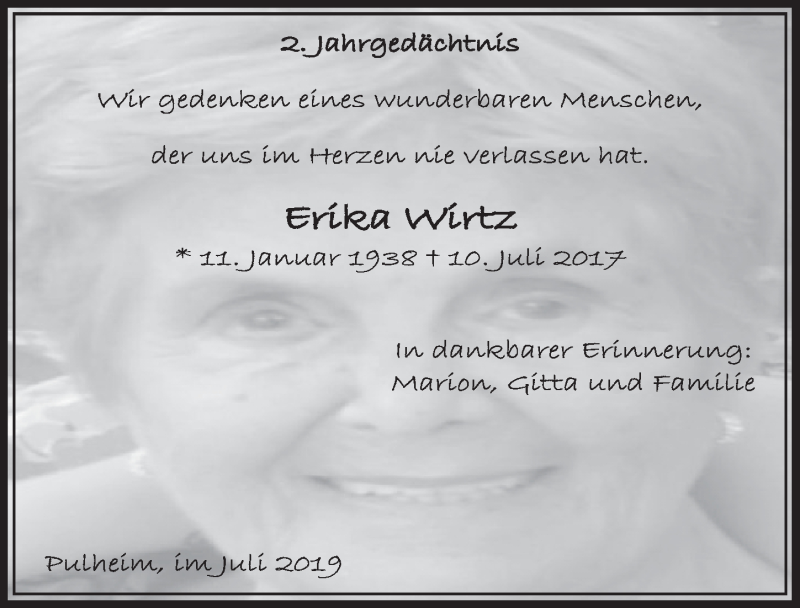  Traueranzeige für Erika Wirtz vom 06.07.2019 aus  Sonntags-Post 