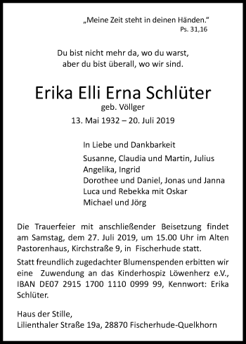 Anzeige von Erika Elli Erna Schlüter von Kölner Stadt-Anzeiger / Kölnische Rundschau / Express
