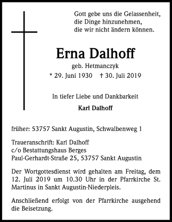 Anzeige von Erna Dalhoff von Kölner Stadt-Anzeiger / Kölnische Rundschau / Express
