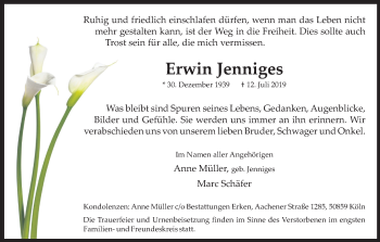 Anzeige von Erwin Jenniges von Kölner Stadt-Anzeiger / Kölnische Rundschau / Express