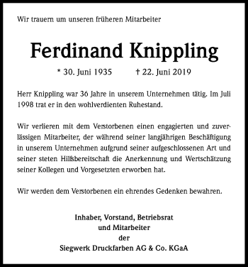 Anzeige von Ferdinand Knippling von Kölner Stadt-Anzeiger / Kölnische Rundschau / Express