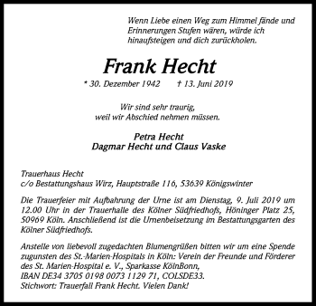 Anzeige von Frank Hecht von Kölner Stadt-Anzeiger / Kölnische Rundschau / Express