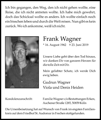 Anzeige von Frank Wagner von Kölner Stadt-Anzeiger / Kölnische Rundschau / Express