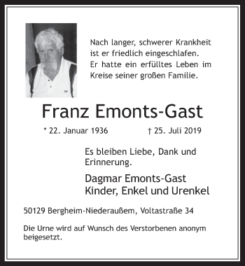 Anzeige von Franz Emonts-Gast von  Werbepost 