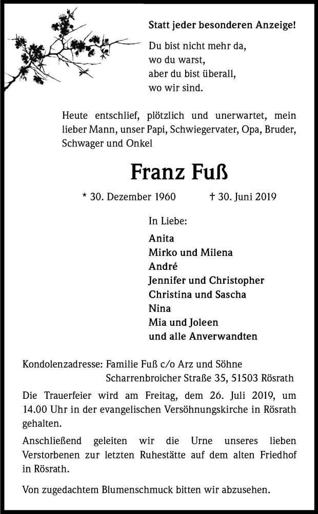  Traueranzeige für Franz Fuß vom 20.07.2019 aus Kölner Stadt-Anzeiger / Kölnische Rundschau / Express