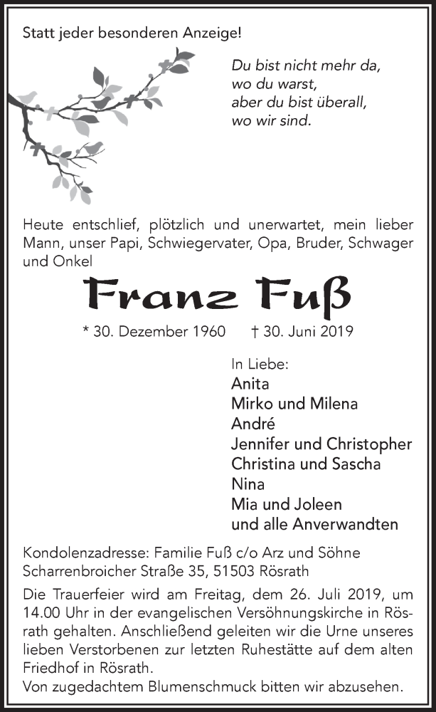  Traueranzeige für Franz Fuß vom 24.07.2019 aus  Bergisches Handelsblatt 