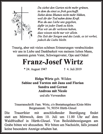 Anzeige von Franz-Josef Wirtz von  Sonntags-Post 