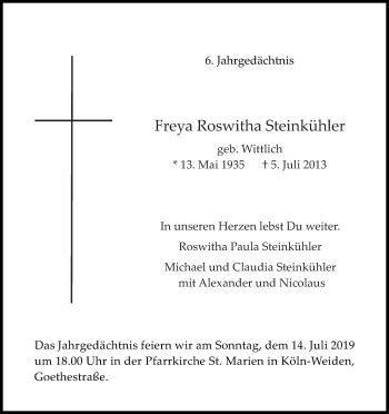 Anzeige von Freya Roswitha Steinkühler von Kölner Stadt-Anzeiger / Kölnische Rundschau / Express
