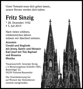 Anzeige von Fritz Sinzig von Kölner Stadt-Anzeiger / Kölnische Rundschau / Express
